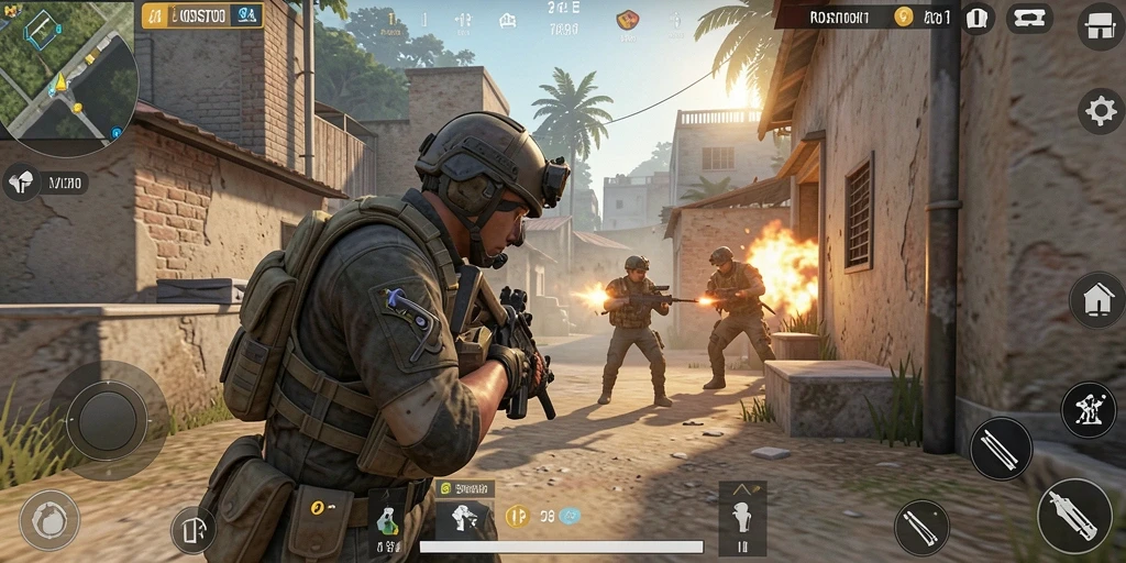 Screenshot gameplay KOSTOTO dengan aksi tembak-menembak yang mendebarkan.