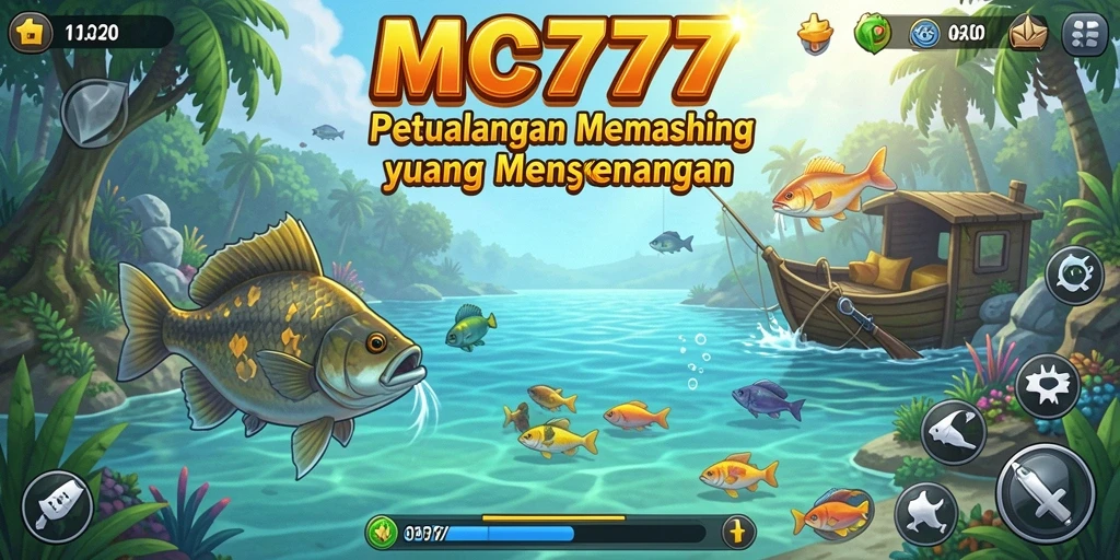 Screenshot utama MC777 menunjukkan gameplay seru saat memancing.