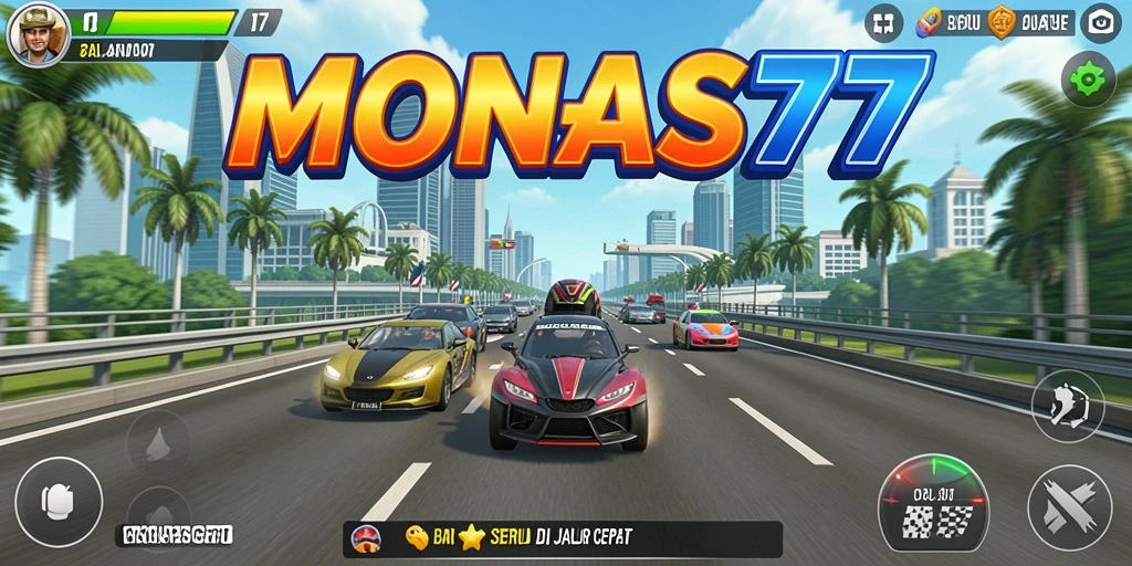 Tangkapan layar gameplay MONAS77 yang menunjukkan aksi balap menegangkan.