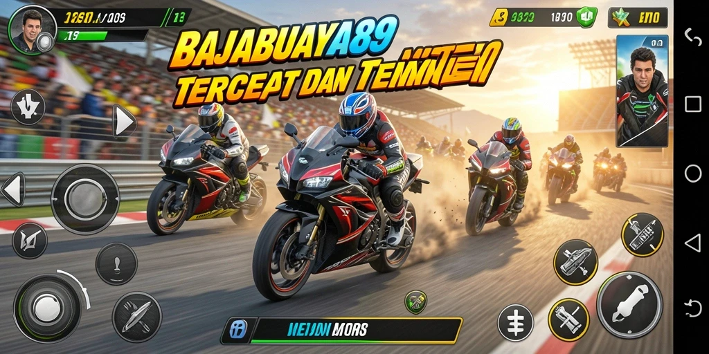 Tampilan gameplay seru dari RAJABUAYA89 saat balapan motor.