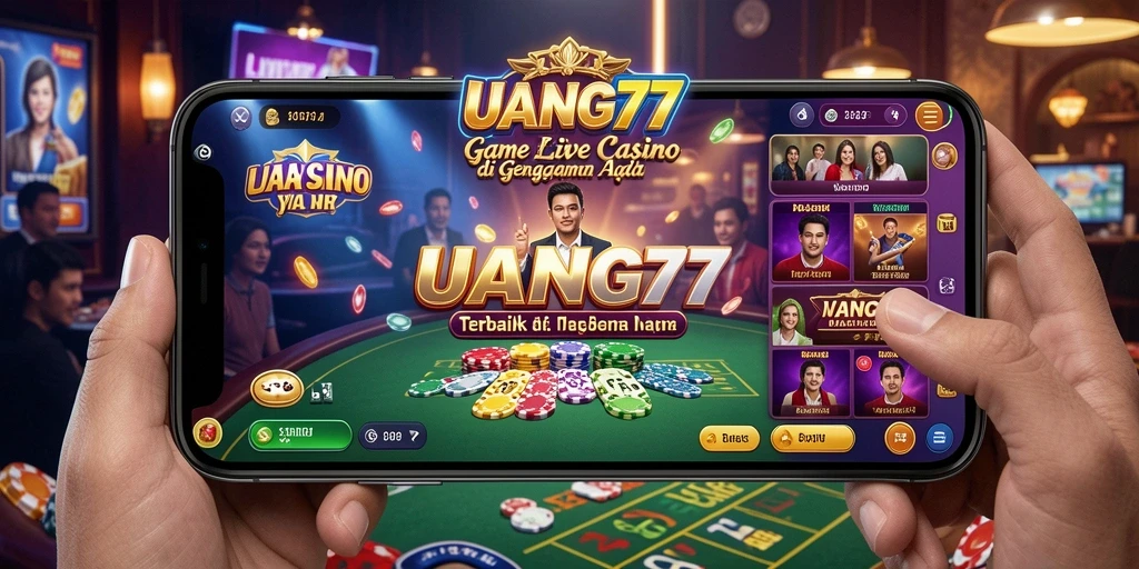 Screenshot permainan UANG77 menampilkan dealer langsung dan meja kasino yang interaktif.